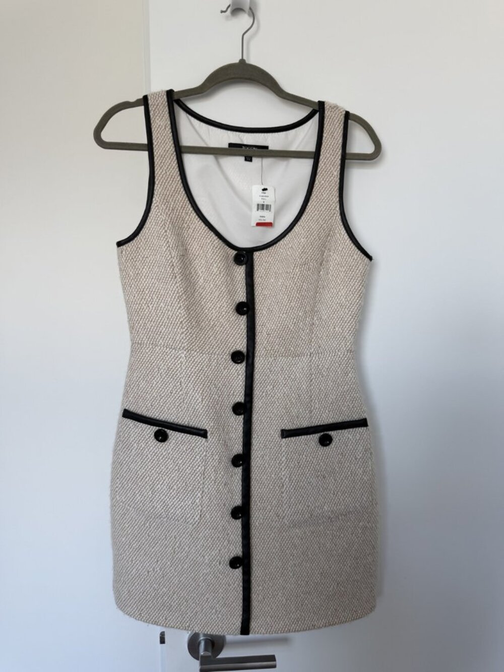 Toccin Cream Tweed Dress Black Trim Size 6 NWT